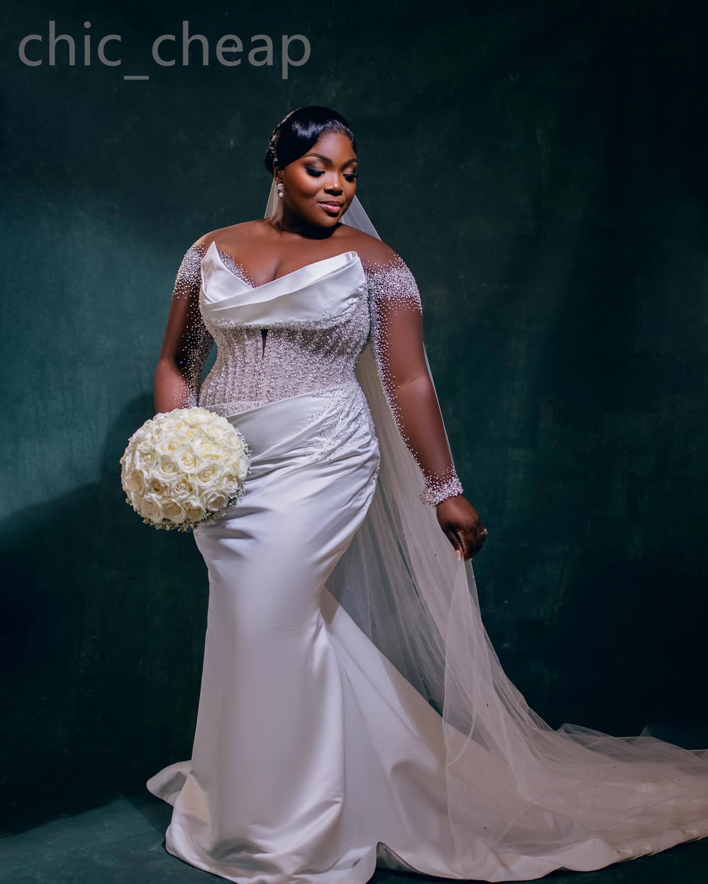 2024 Arabic Aso Ebi Plus Size White Beaded Mermaid Wedding Dress Sheer Neck Long Sleeves Bridal Gowns Dresses ZJ322