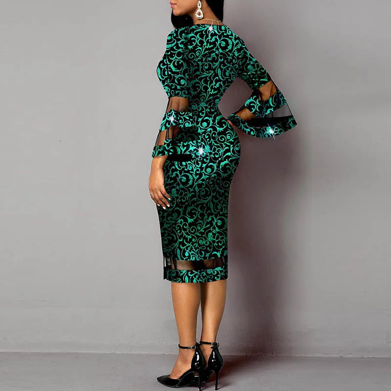 Chic Spring Vneck Print Office Dres Three Quarter Sleeve Mesh Stitching Party Dress Autumn Fashion Slim Bodycon Vestidos 240308Z