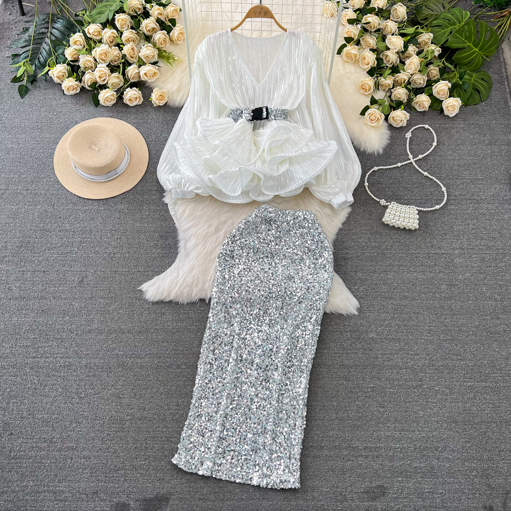 Two Piece Dress Women Sequined 2 Pieces Set Sexy V Neck Lantern Sleeve Belt Ruffles Tops Elastic Waist Bodycon Skirt Club Wear Suit