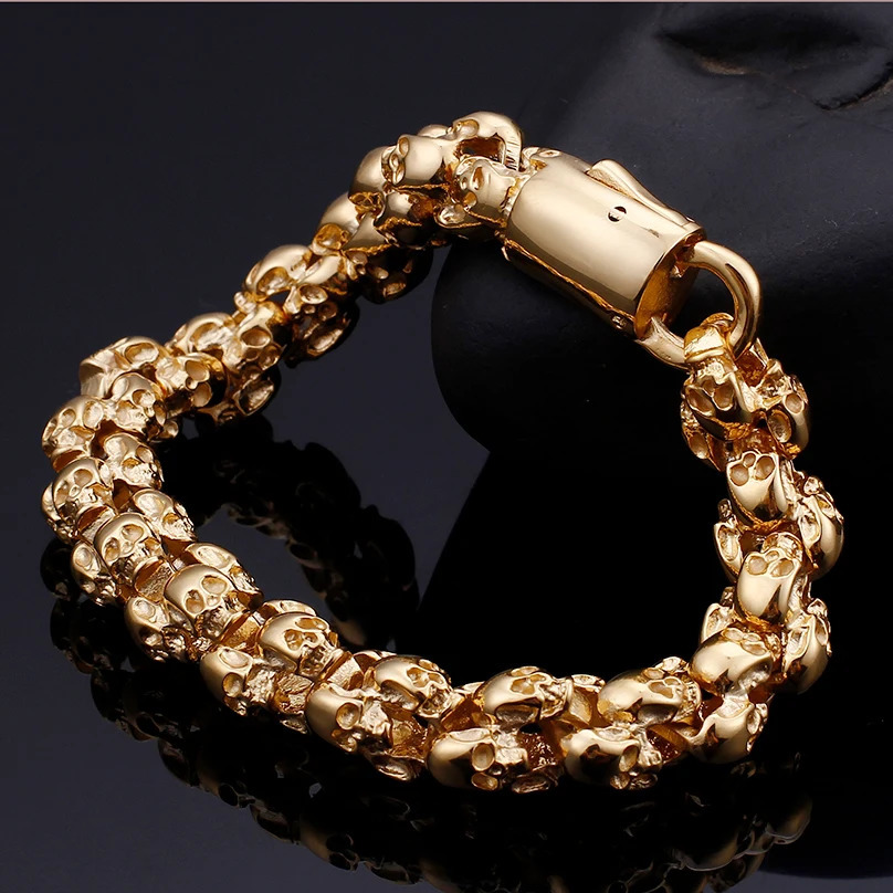 Full Skull Head Chain Bracelet Men Gothic Mens Bracelets Bangles Punk Rock Gold Plated Stainless Steel Bikers Jewellery 240226