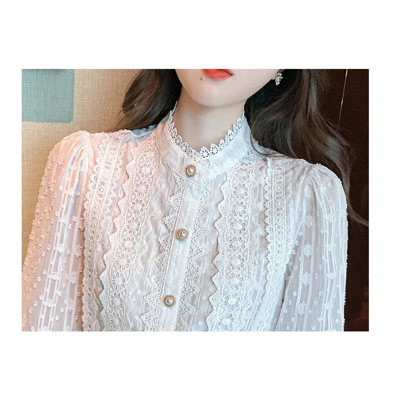 Autumn Women White Lace Blouse Shirt Tops Long Sleeve Blusas Mujer De Moda 2023 Blouses Femme Shirts E382 240301