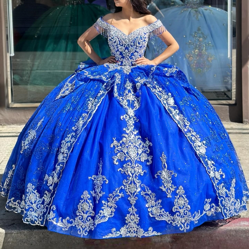 Royal Blue Shiny Princess Quinceanera Dresses Off The Shoulder Lace Applique Beading Tull Party Birthday Corset Sweet 16 Vestidos De 15 Anos