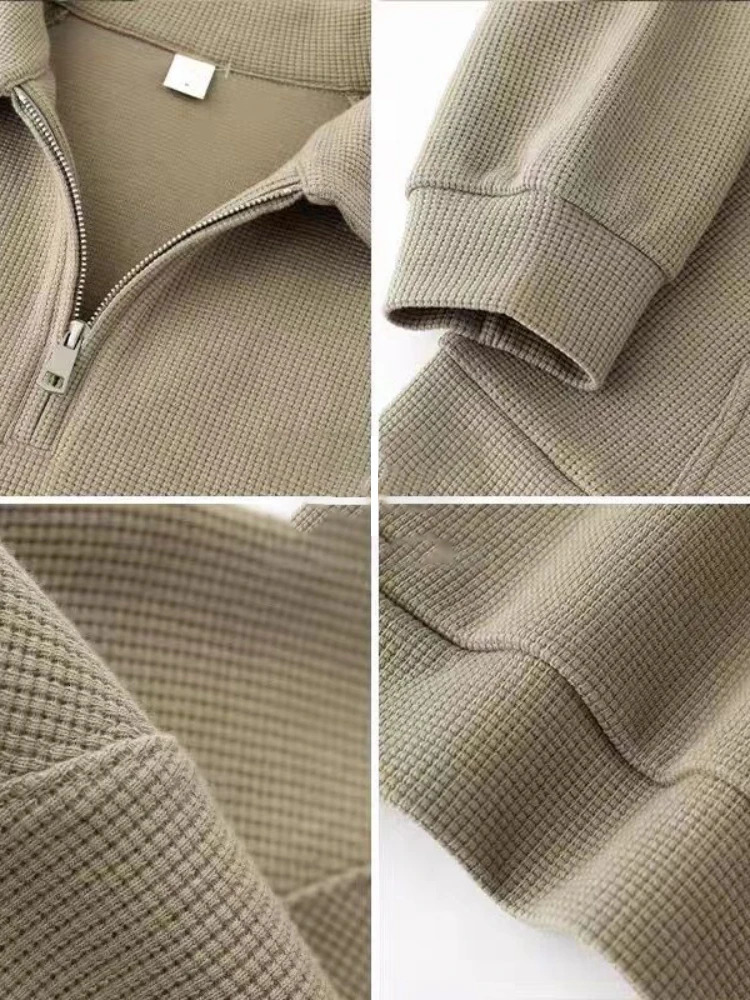 Gmiixder Simple Waffle Shirt Men Preppy Solid Long-sleeve Half-zip Lapel Shirt Women Loose BF Style Streetwear Basic Variety Top 240228