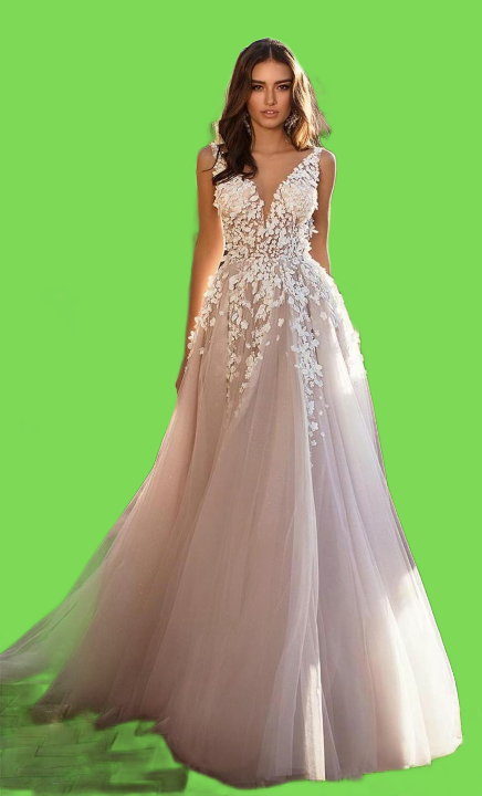 Graceful V Neck Beach Wedding Dresses Backless 3D Floral Appliqued Lace Bridal Gowns Tulle vestido de novia Plus size