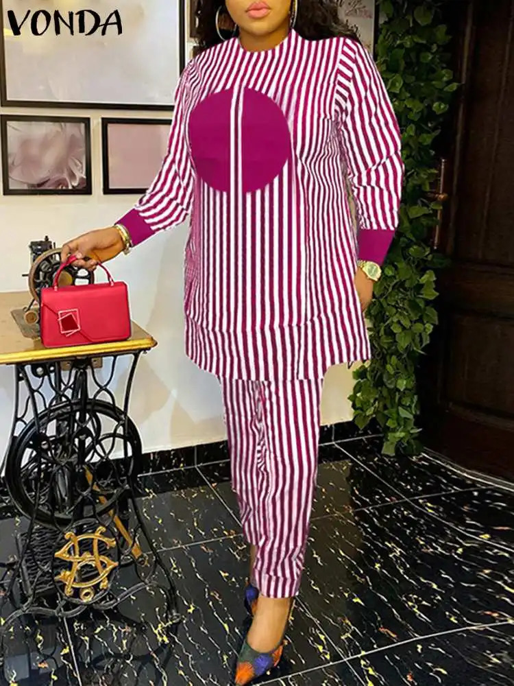 Plus Size 5XL VONDA Bohemian Women Pant Sets Autumn Striped Sets Casual Long Sleeve Printed Vintage Tops and Wide Leg Pants 240226