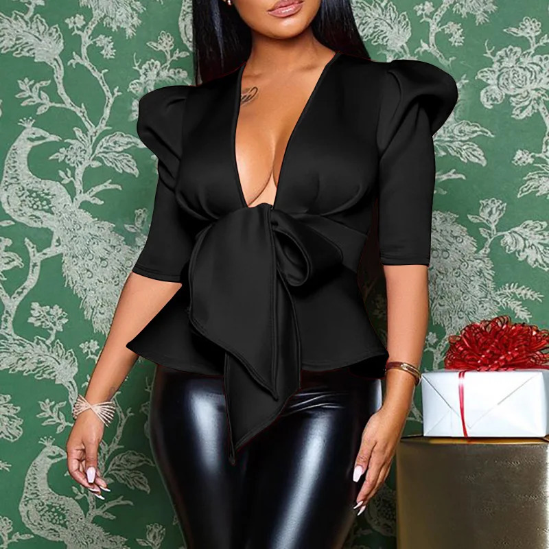 HOUZHOU Women Peplum Blouse Tops with Waist Belt Bowtie Half Sleeve Deep V Neck Sexy Party Clubwear Night Date Out Evening Bluas 240301