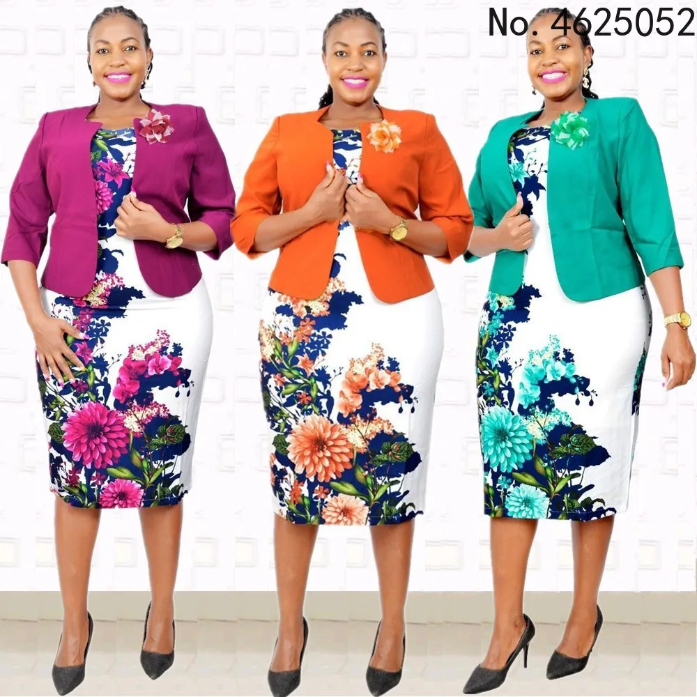 African Turkey Style Plus Size Printed Coat And Dress Suit For Women 240226