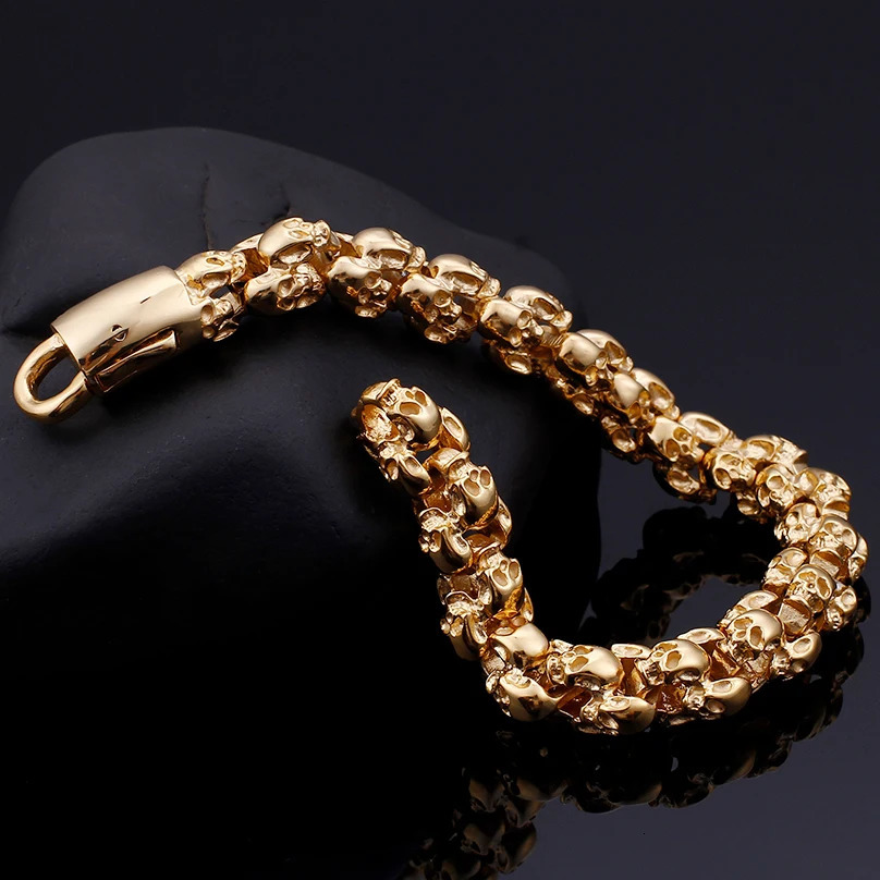 Full Skull Head Chain Bracelet Men Gothic Mens Bracelets Bangles Punk Rock Gold Plated Stainless Steel Bikers Jewellery 240226