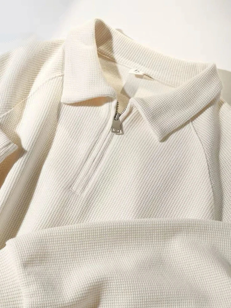 Gmiixder Simple Waffle Shirt Men Preppy Solid Long-sleeve Half-zip Lapel Shirt Women Loose BF Style Streetwear Basic Variety Top 240228