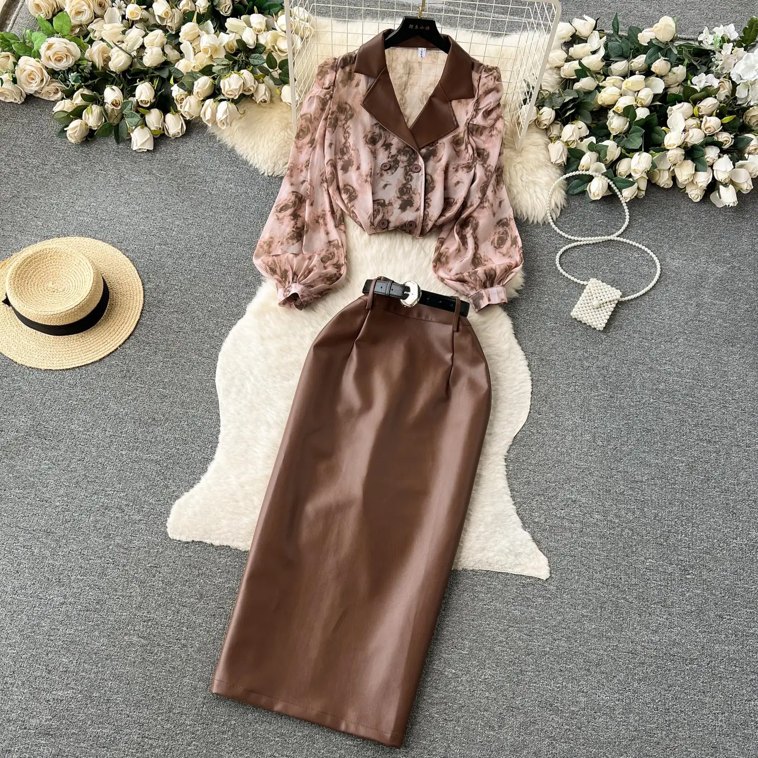 Dress Spring Summer Runway Two Piece Set Women Notched Collar Ral Print Lantern Sleeve Chiffon Tops Belt Leather Skirt Suit 2025