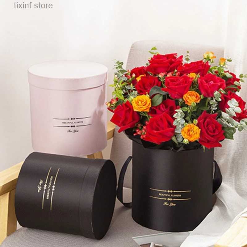 Gift Wrap 2Pcs Round Flower Boxes Women Flower Packaging Paper Bag With Lid For Florist Bouquet Flower Packaging Box Gift Storage Boxes T240309