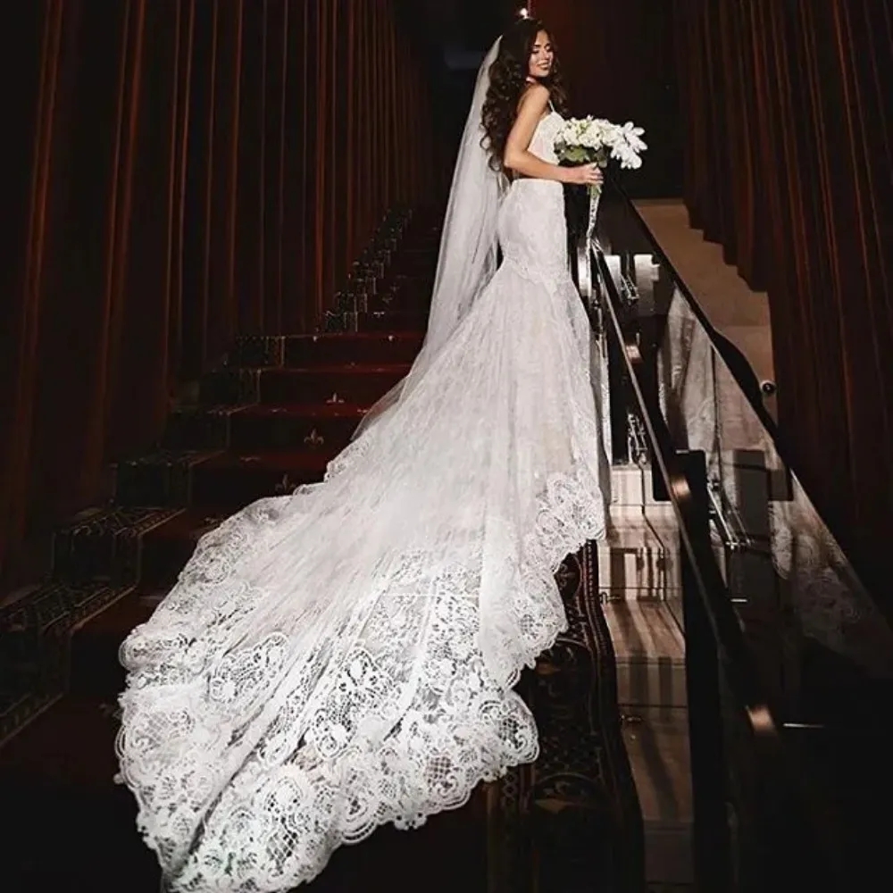 Lace Stunningbride 2024 Mermaid Wedding Dresses Spaghetti Straps Trumpet Sexy Appliqued Court Train Tulle Country Bridal Gowns YD 0219
