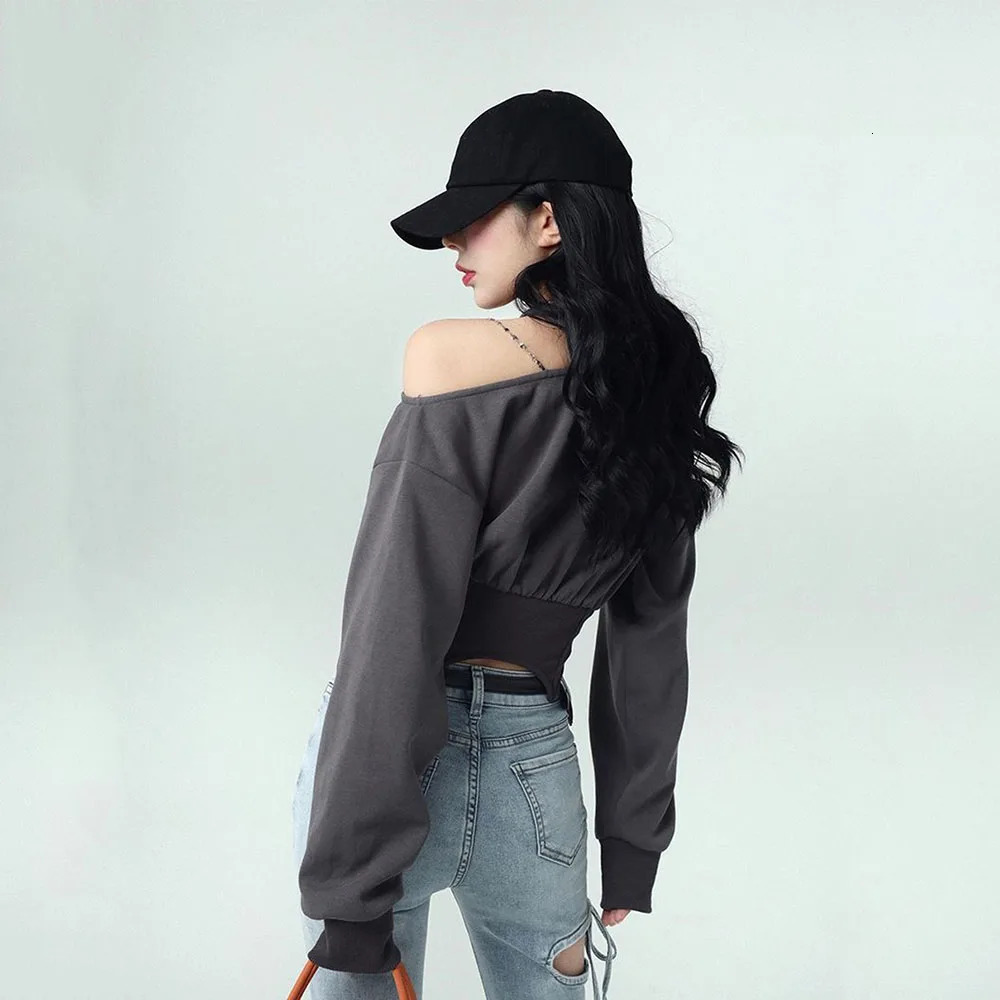Harajuku Cropped Women Sweatshirt 2023 Autumn Crop Tops Y2k Pullover Egirl Off Shoulder Hoodies Clothes Streetwear Fashion Tees 240223
