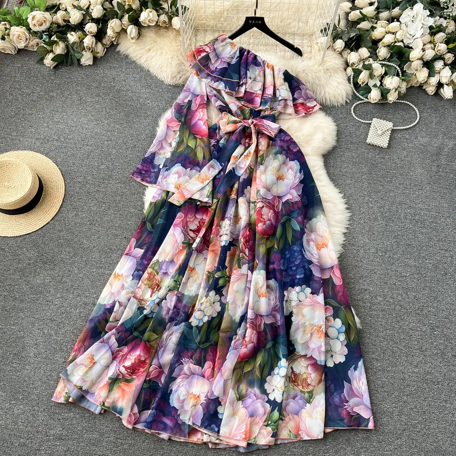 Basic Casual Dresses Summer One Shoulder Long Chiffon Dress Womens Flare Sleeve Flower Print Belt Lace Up Holiday Beach Maxi