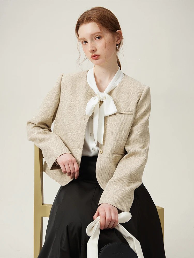 FSLE Korean Versatile Elegant Style Short Jacket for Women Spring Round Neck Temperament Coats Female 24FS11168 240226