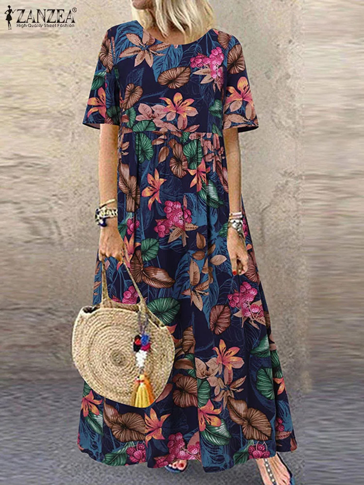 ZANZEA Bohemian Holiday Sundress Summer Women Vintage Floral Printed Short Sleeve Beach Dress Loose Long Vestido Robe Femme 240307