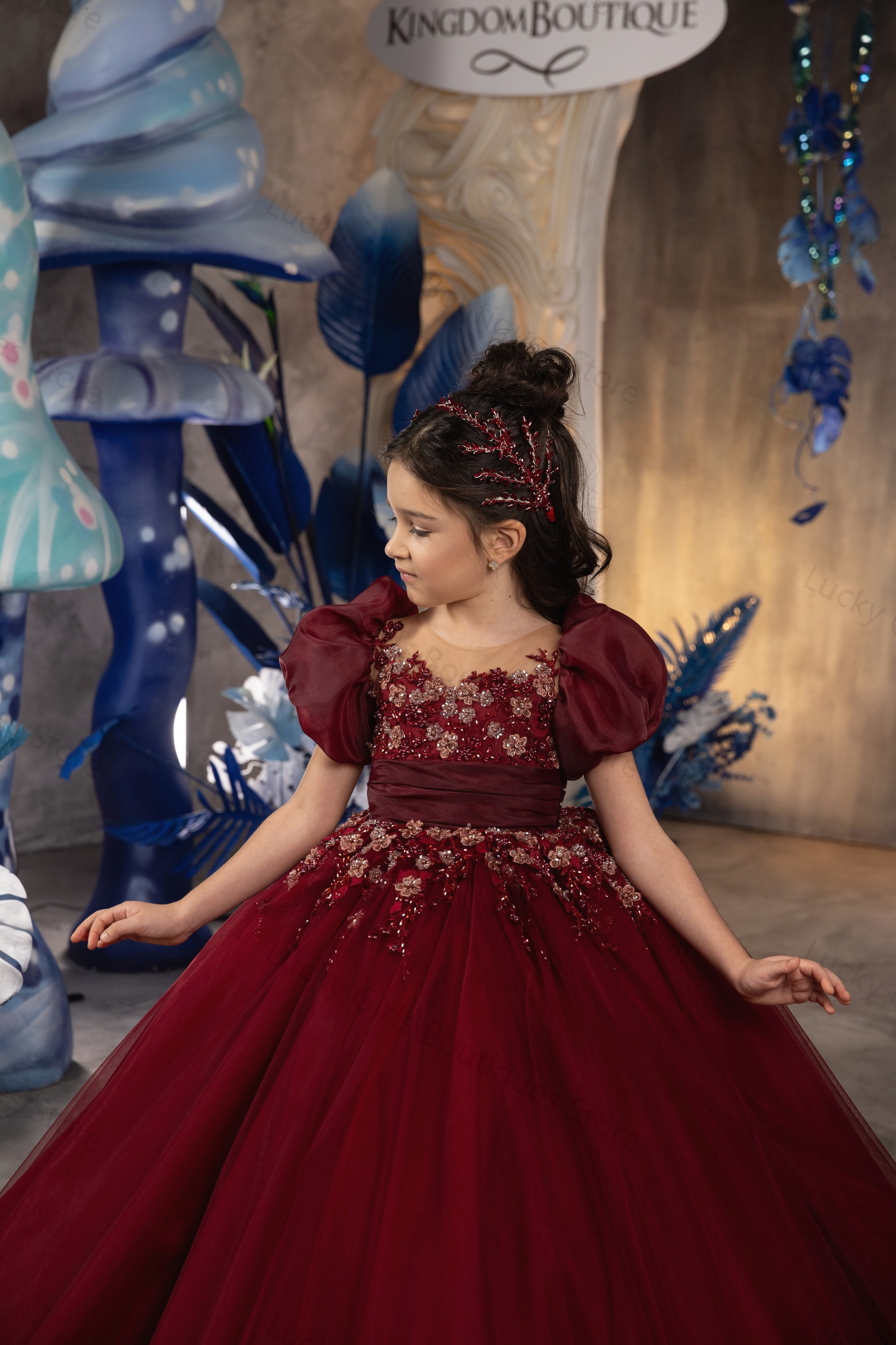 Dark Red Kids Formal Dresses 2024 O Neck Short Sleeve with Beaded Little Girls Dress for Birthday Party Gowns