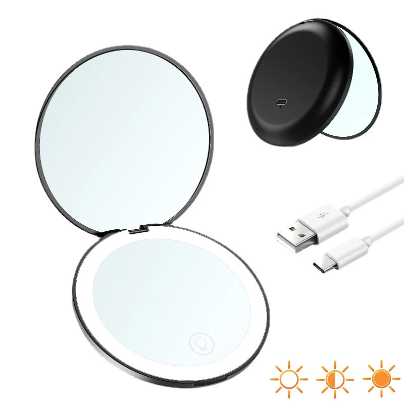 Mini Portable Folding Travel Mirror LED Light Makeup Mirror Compact Mirror 10X Magnification 2-sided Beauty Makeup Round Mirror 240228