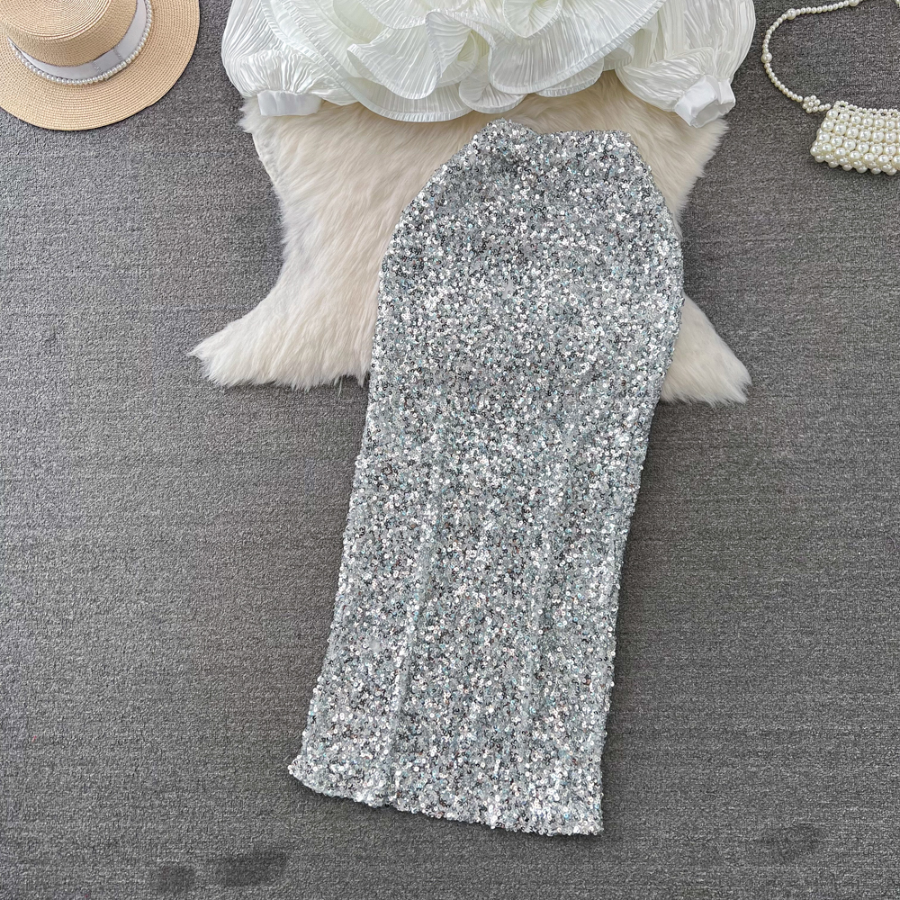 Two Piece Dress Women Sequined 2 Pieces Set Sexy V Neck Lantern Sleeve Belt Ruffles Tops Elastic Waist Bodycon Skirt Club Wear Suit