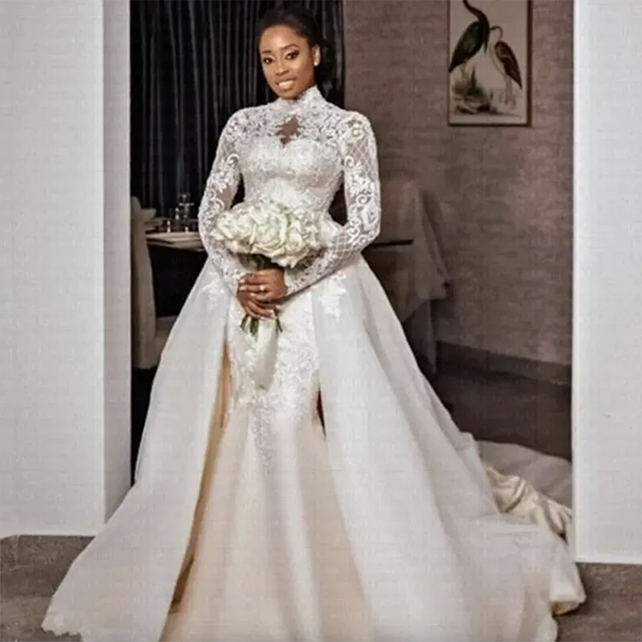 Plus Size Mermaid Wedding Dress Arabic Aso Ebi Sheer Neck High Bride Dress Long Sleeves Gowns Dresses African Arabic Charming Train Formal Bridal Gown