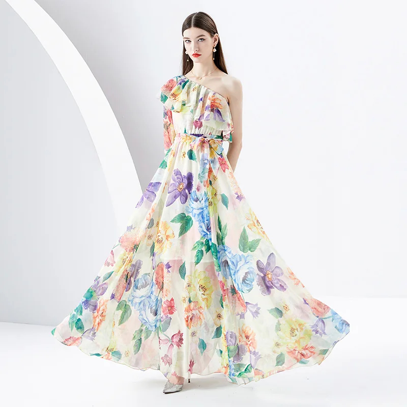 Basic Casual Dresses Summer One Shoulder Long Chiffon Dress Womens Flare Sleeve Flower Print Belt Lace Up Holiday Beach Maxi