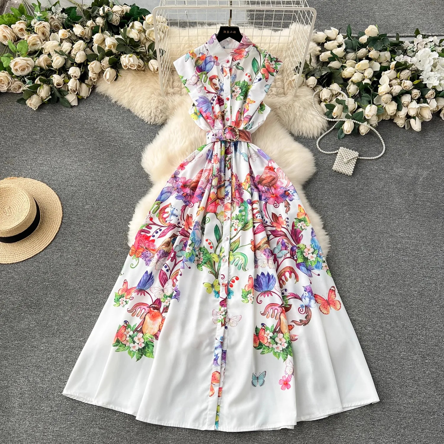 Dresses Runway Summer Holiday Gorgeous Wer Dress Women's Stand Sleeveless Single Breasted Belt Ral Print Long Vestidos