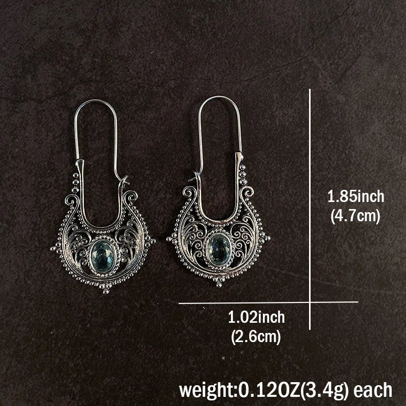 Vintage Silver Hook Earrings Bohemia Aquamarine Blue Stone Hollow Flower Fashion Jewelry 240305