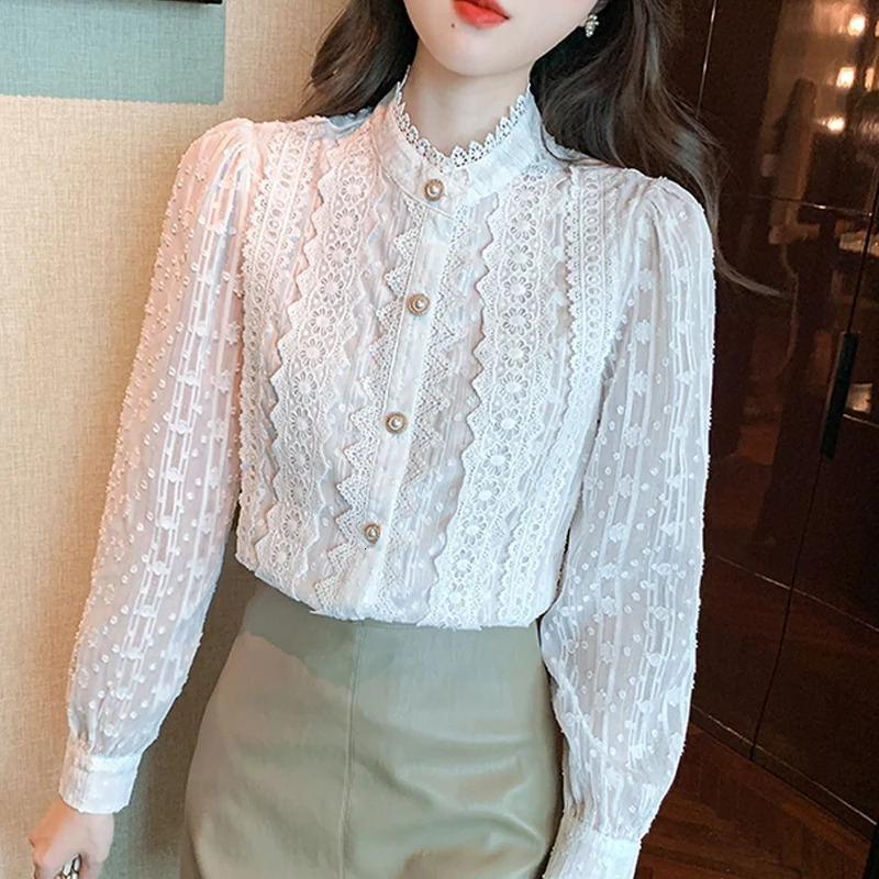 Autumn Women White Lace Blouse Shirt Tops Long Sleeve Blusas Mujer De Moda 2023 Blouses Femme Shirts E382 240301
