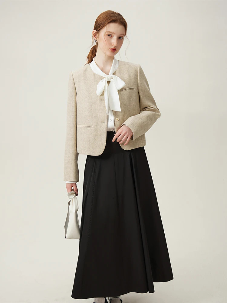 FSLE Korean Versatile Elegant Style Short Jacket for Women Spring Round Neck Temperament Coats Female 24FS11168 240226