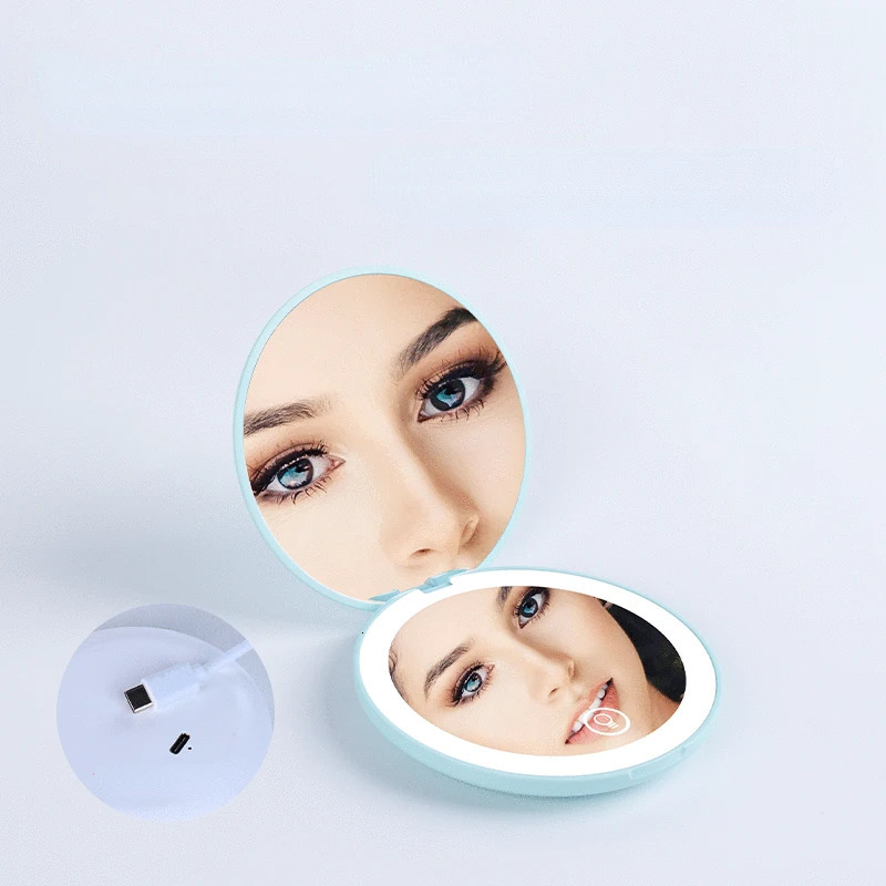 Mini Portable Folding Travel Mirror LED Light Makeup Mirror Compact Mirror 10X Magnification 2-sided Beauty Makeup Round Mirror 240228