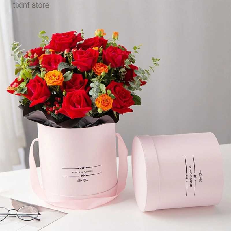 Gift Wrap 2Pcs Round Flower Boxes Women Flower Packaging Paper Bag With Lid For Florist Bouquet Flower Packaging Box Gift Storage Boxes T240309