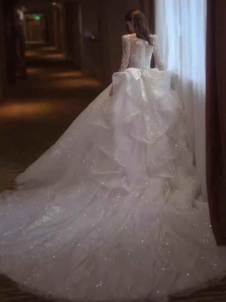Long sleeved Wedding Dress for the Bride in 2024 new Main wedding dress plus size Boho Lace Appliques Tulle Sexy Beach Illusion Bodice Bow Backless A-