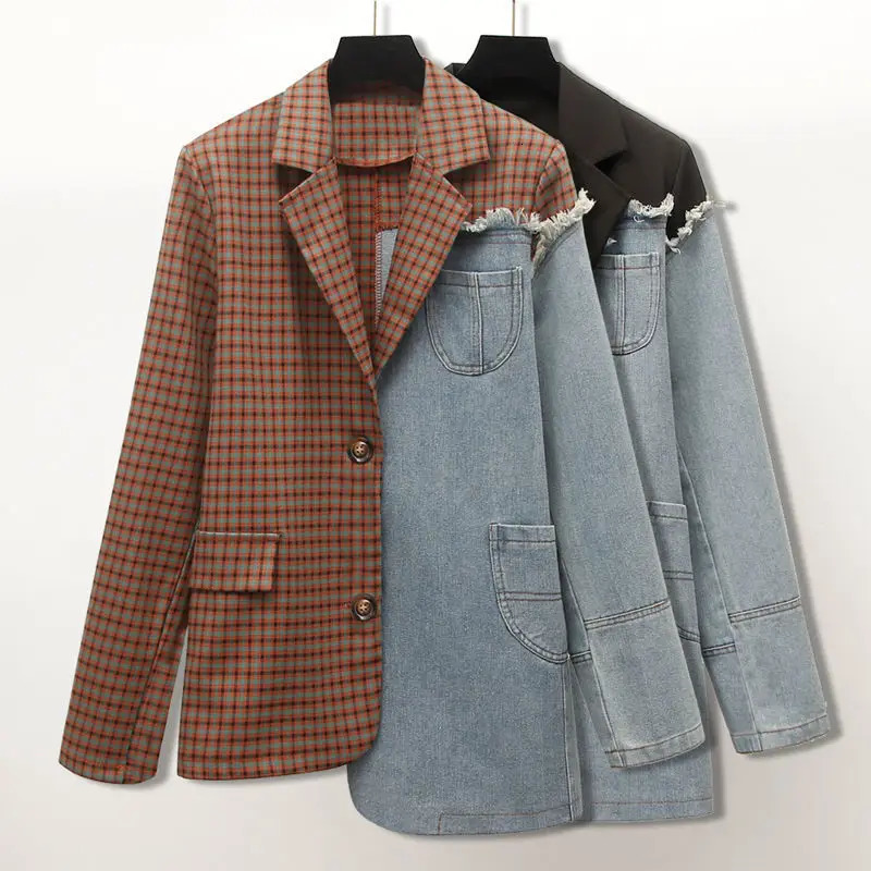 Denim Patchwork Women Blazer Jacket High Quality Single Button Black Suit Loose Fashion Lady Blazers Coat Autumn 240226