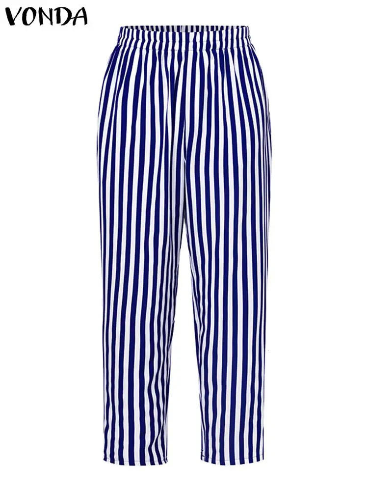 Plus Size 5XL VONDA Bohemian Women Pant Sets Autumn Striped Sets Casual Long Sleeve Printed Vintage Tops and Wide Leg Pants 240226