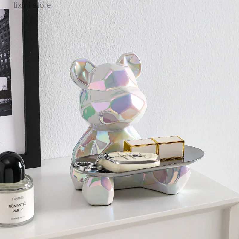 Decorative Objects Figurines Geometric bear statue with tray storage ceramic plating piggy bank key cosmetic storage box bookshelf statue decoration. 