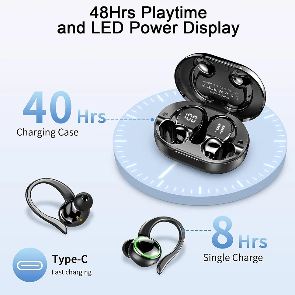 C16 TWS Bluetooth 5.3 Earhook Earphone Sports Headsets Led Headphone Wireless Earbuds Noise Reduction Microphone 48H HiFi Music Time