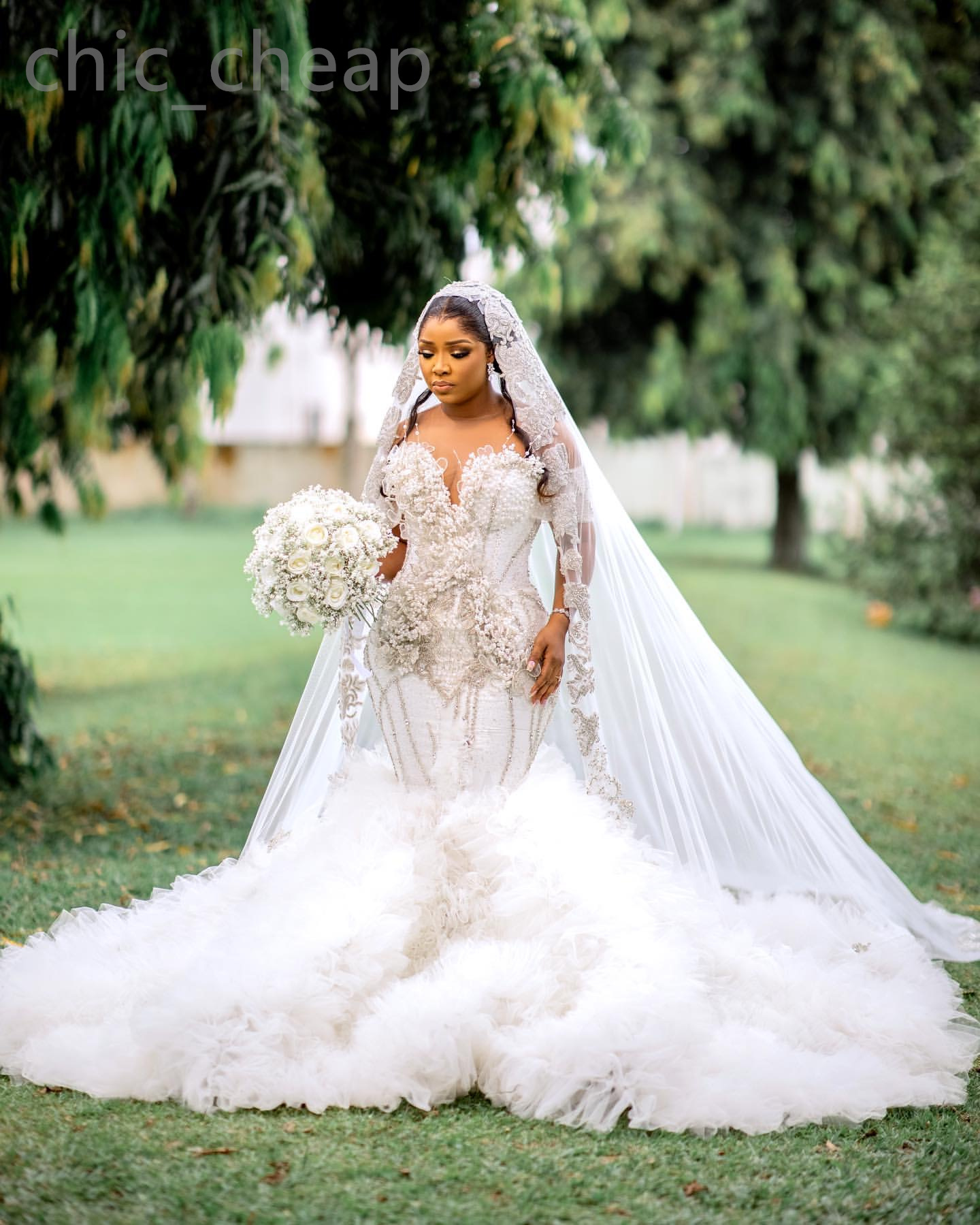 2024 Arabic Aso Ebi Plus Size Ivory Lace Mermaid Wedding Dress Pearls Flowers Tiers Bridal Gowns Dresses ZJ201