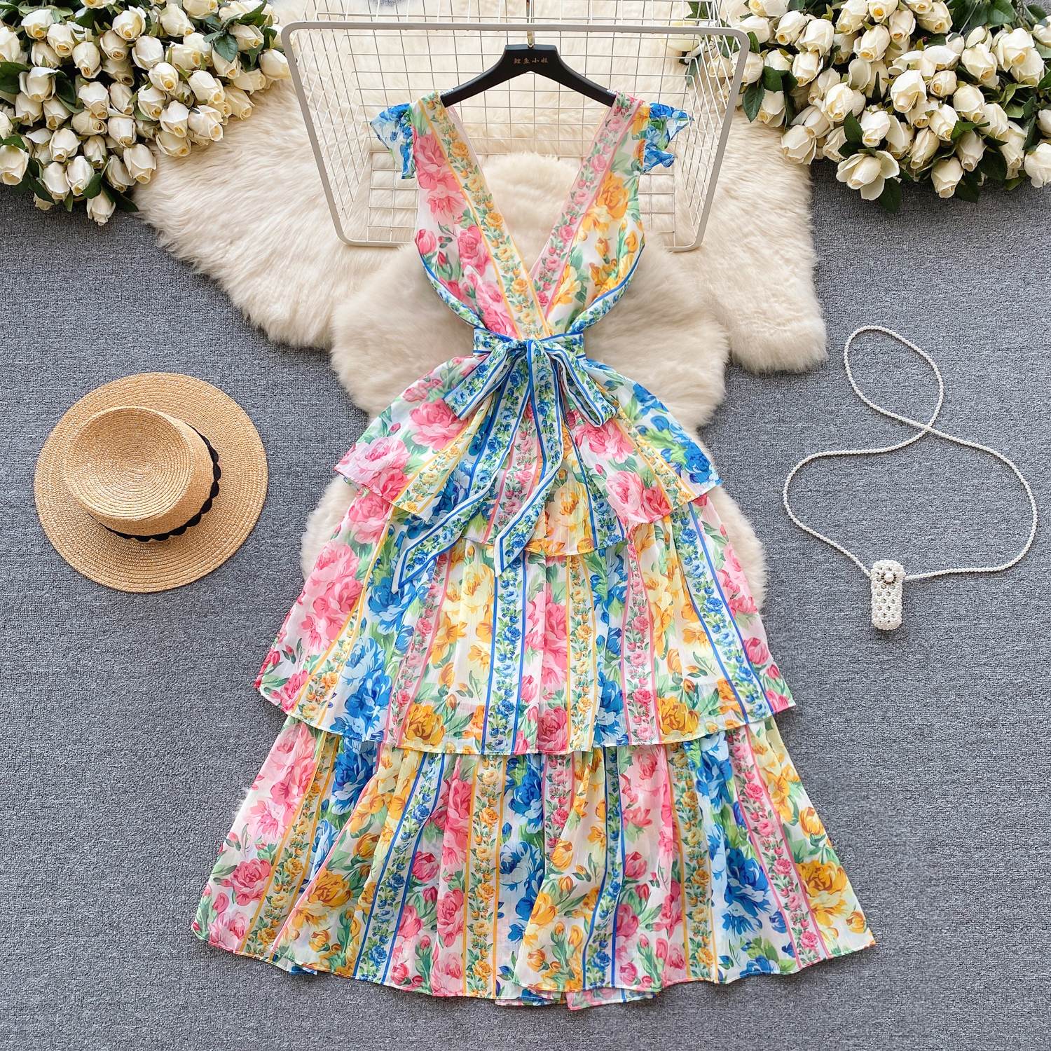 Dresses 2025 Summer Holiday Wer Backless Cascading Dress Women's Sexy V-Neck Sleeveless High Waist Lace Up Long Boho Vestidos