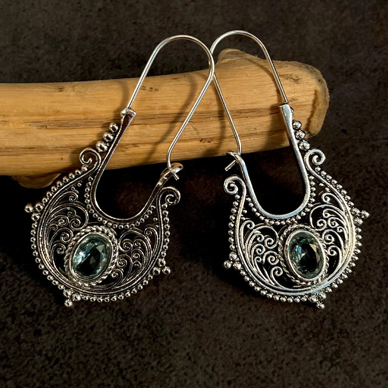 Vintage Silver Hook Earrings Bohemia Aquamarine Blue Stone Hollow Flower Fashion Jewelry 240305
