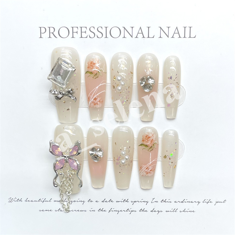 Handmade XS S M L Square False Tips Glittery Rhinestone Press On Nails Y2k Reusable XXL Long Coffin Fake Nail 10Pcs/Set