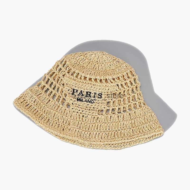 Beanie/Skull CapsWide Brim Womens Bucket Hat Summer Straw Hat Womens Sunshade Hat Design Hollow Outer Hat Fashion Stripe Girl Beach Hat H240309