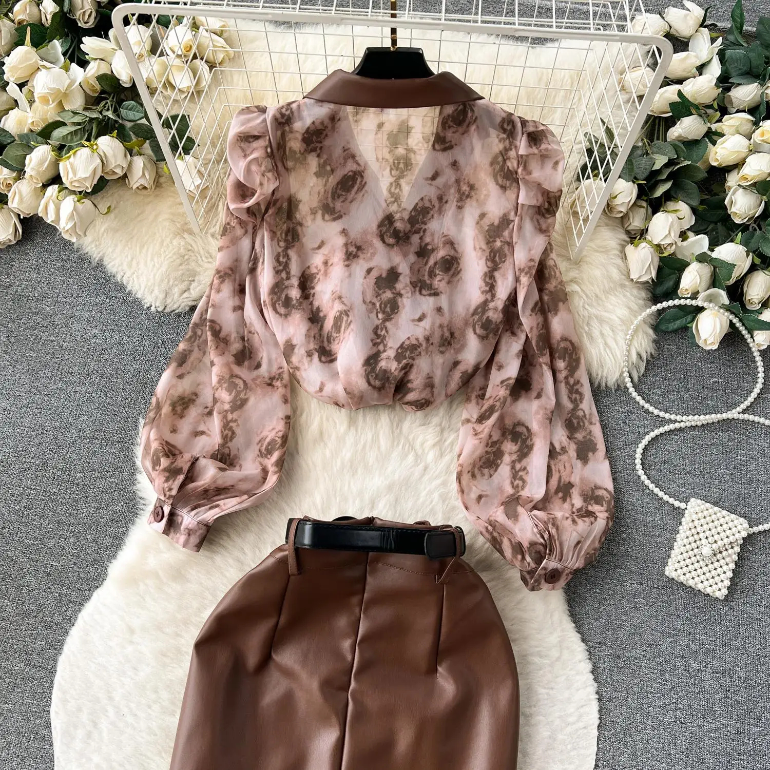 Dress Spring Summer Runway Two Piece Set Women Notched Collar Ral Print Lantern Sleeve Chiffon Tops Belt Leather Skirt Suit 2025