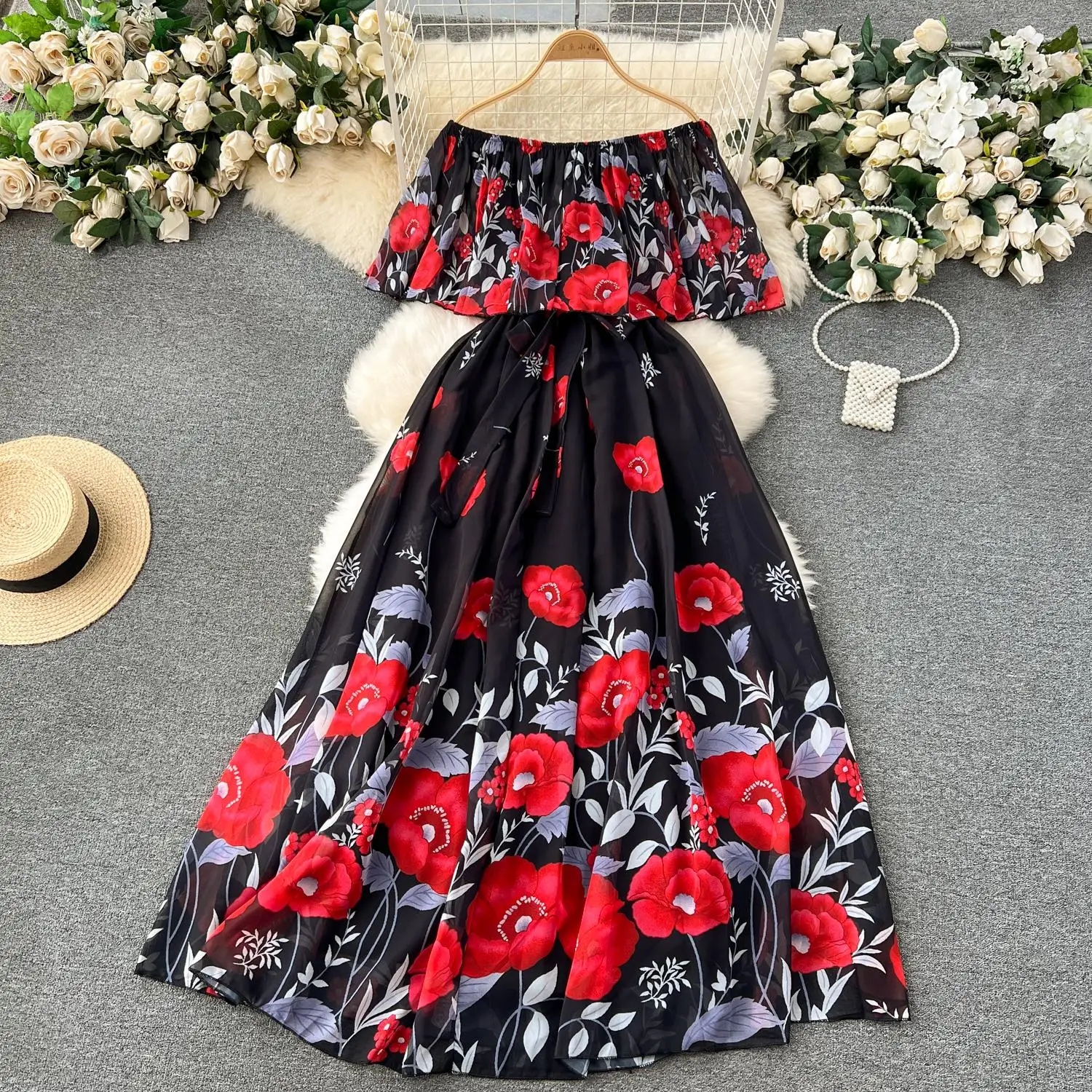 Casual Dresses 2025 Summer Off Shoulder Gorgeous Wer Holiday Chiffon Wy Dress Women's Bow Belt Elastic Waist Ral Print Long Robe