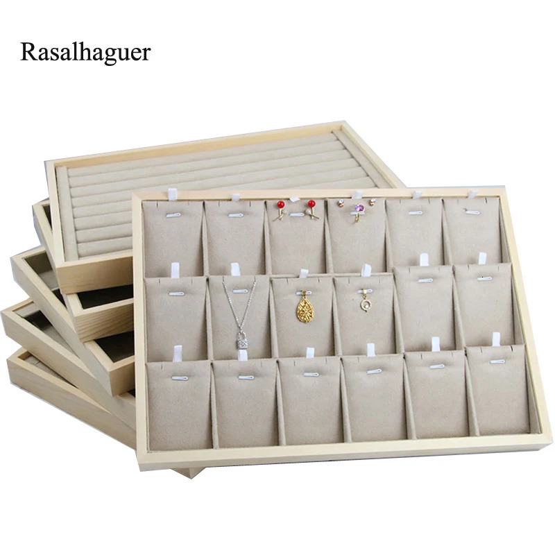 Unique-Beige Velvet Necklace Ring Earring Holder ly Wooden Jewelry Tray Series Jewelry Disply Jewellery Organizer Box 240301