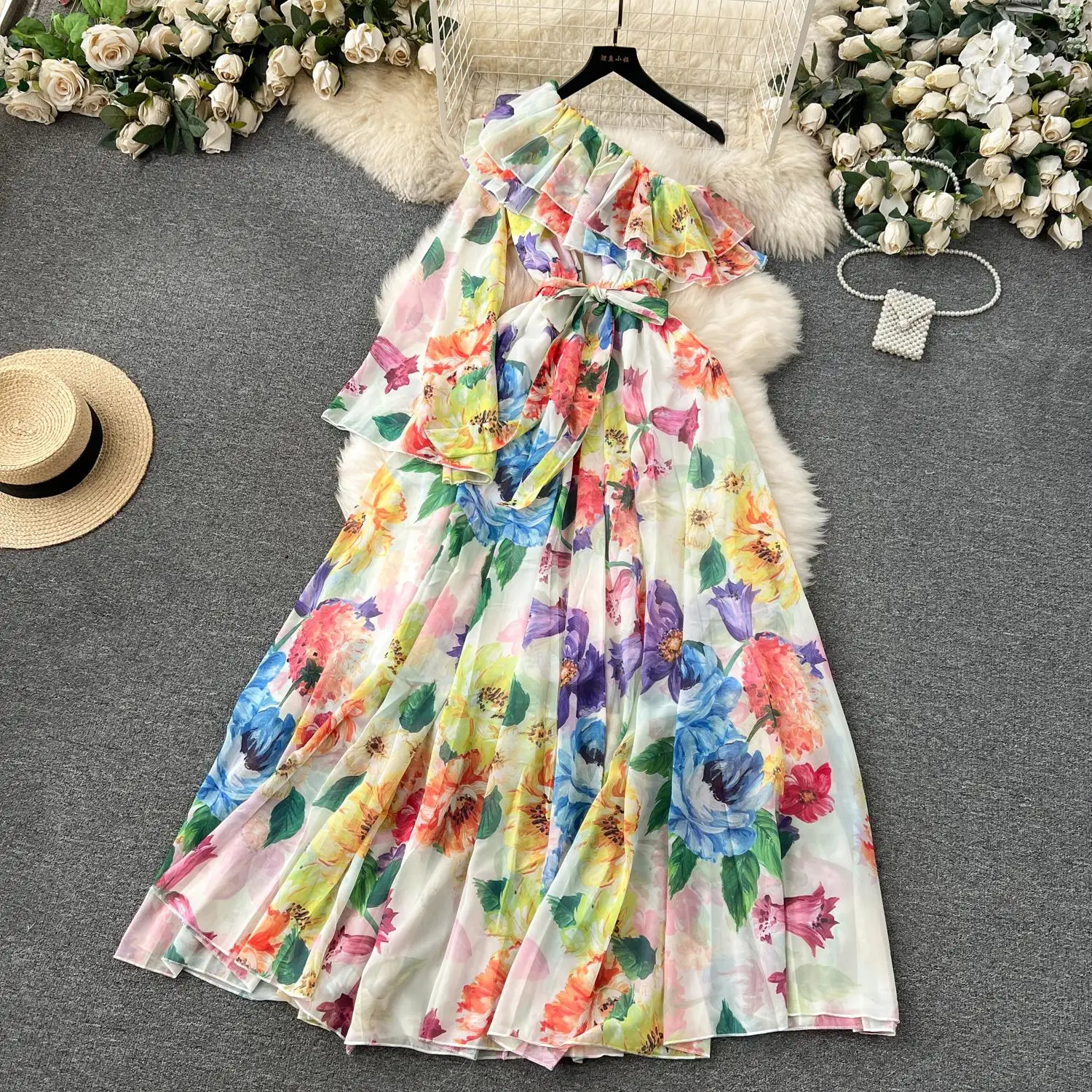 Basic Casual Dresses Summer One Shoulder Long Chiffon Dress Womens Flare Sleeve Flower Print Belt Lace Up Holiday Beach Maxi