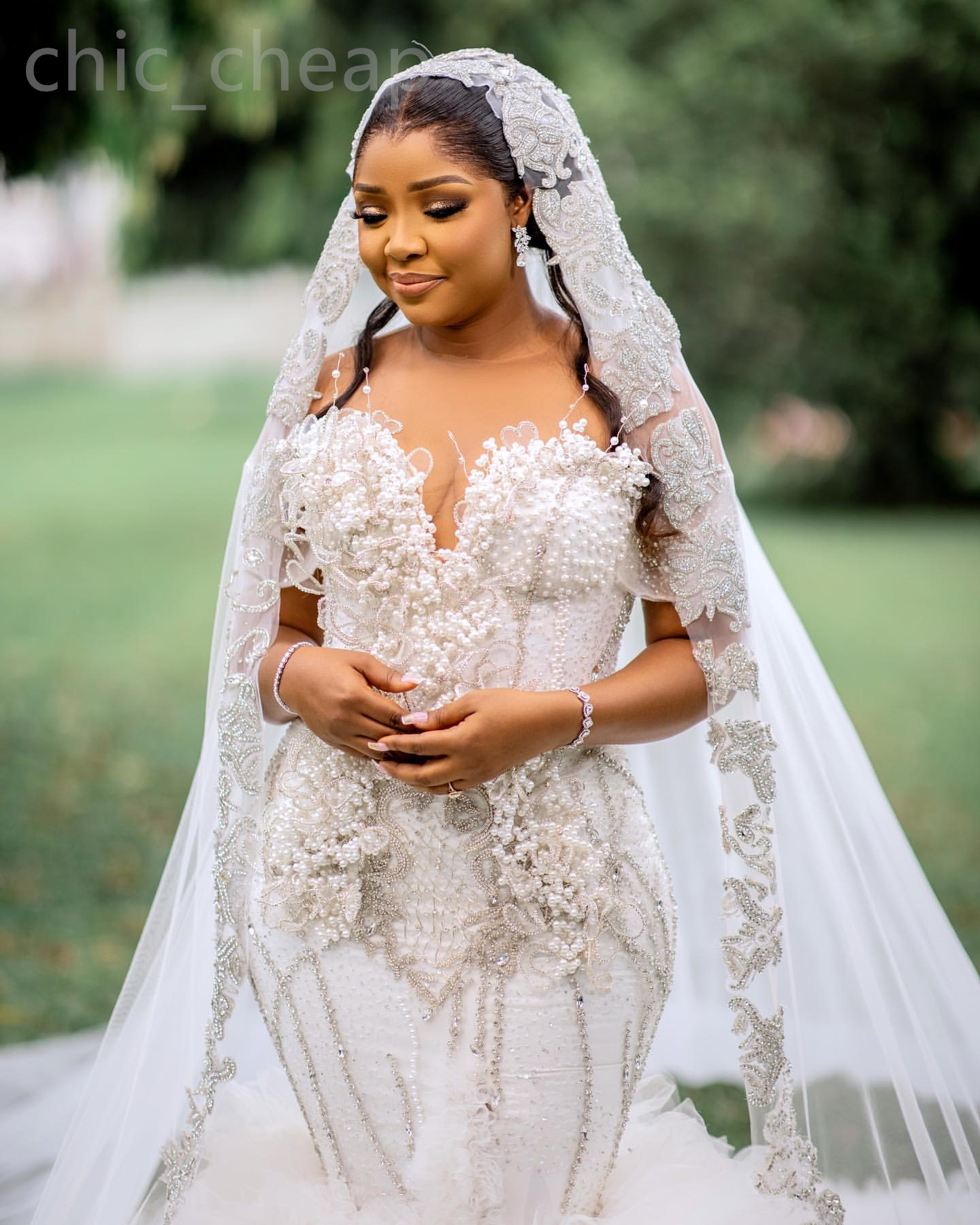 2024 Arabic Aso Ebi Plus Size Ivory Lace Mermaid Wedding Dress Pearls Flowers Tiers Bridal Gowns Dresses ZJ201