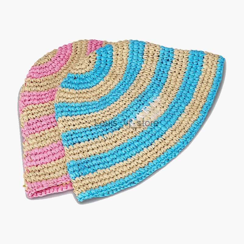 Beanie/Skull CapsWide Brim Womens Bucket Hat Summer Straw Hat Womens Sunshade Hat Design Hollow Outer Hat Fashion Stripe Girl Beach Hat H240309