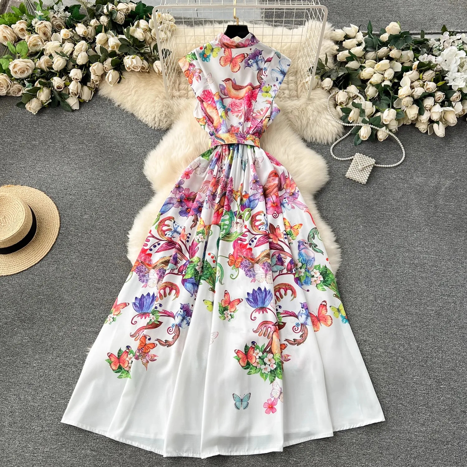 Dresses Runway Summer Holiday Gorgeous Wer Dress Women's Stand Sleeveless Single Breasted Belt Ral Print Long Vestidos