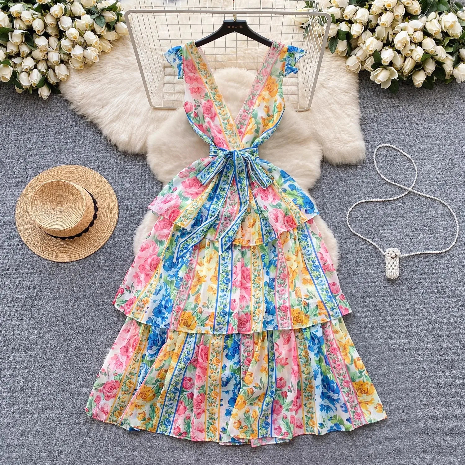 Dresses 2025 Summer Holiday Wer Backless Cascading Dress Women's Sexy V-Neck Sleeveless High Waist Lace Up Long Boho Vestidos