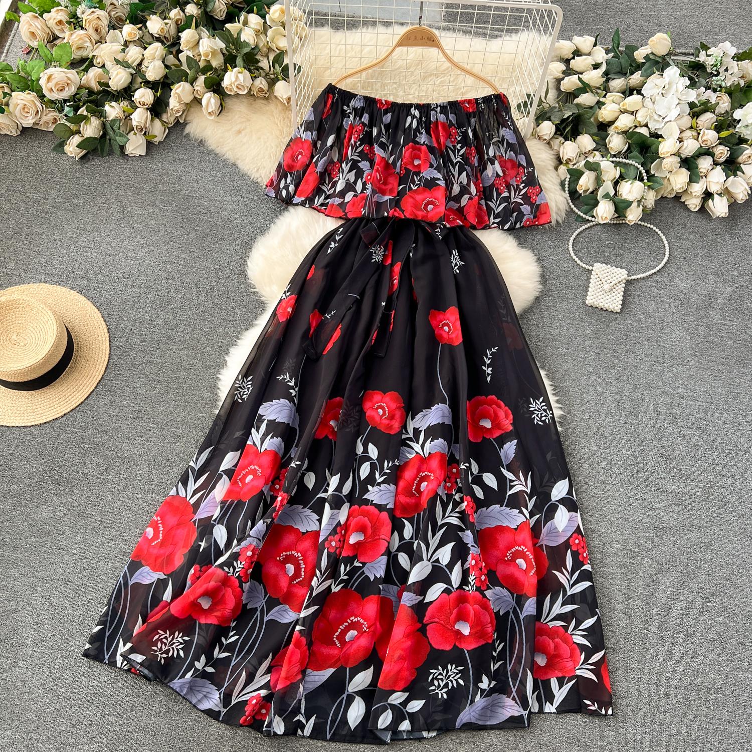 Casual Dresses 2025 Summer Off Shoulder Gorgeous Wer Holiday Chiffon Wy Dress Women's Bow Belt Elastic Waist Ral Print Long Robe